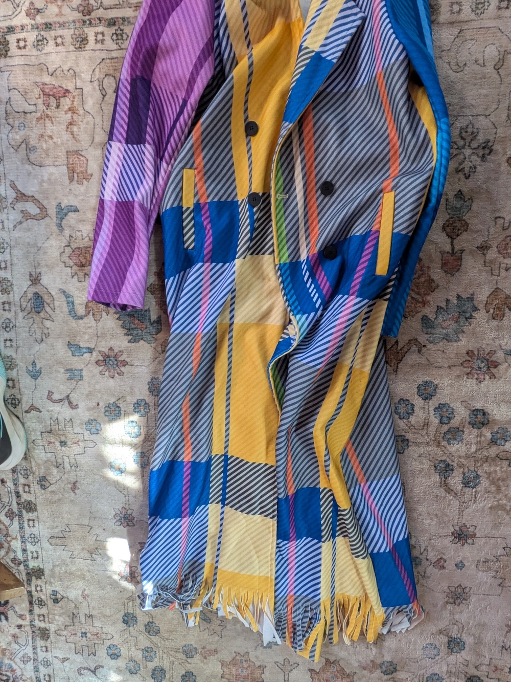 Source Unknown Multicolor Striped Plaid Fringe Coat